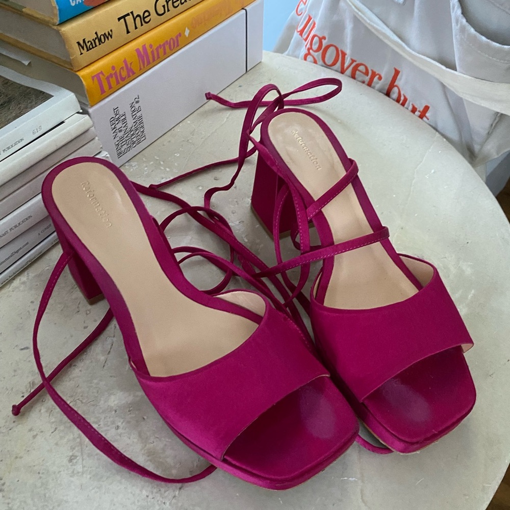 Reformation wrap up block heel platform sandal pink